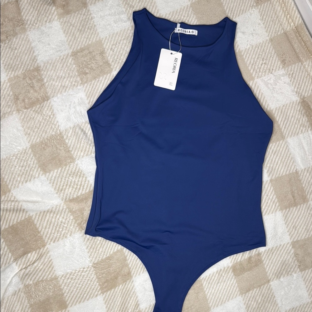 ReoRia Blue Bodysuit Top Sleeveless High Neck